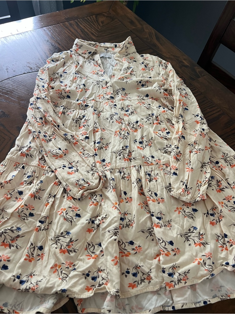 Reserved Girls Ivory Floral Shirt Dress Size 12 Knee Length Long Sleeve # 602